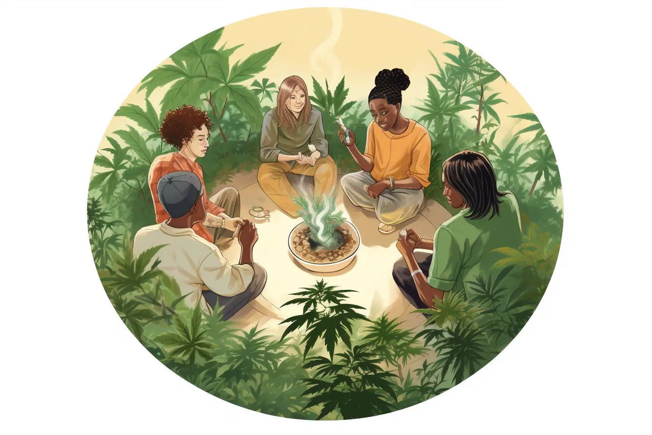 Im Kreis rauchen Menschen gemeinschaftlich Cannabis-Zigaretten Ein Cannabis Social Club in Wolfsburg lädt Menschen ein, sich um einen Kreis zu versammeln, der aus Marihuanablättern besteht.