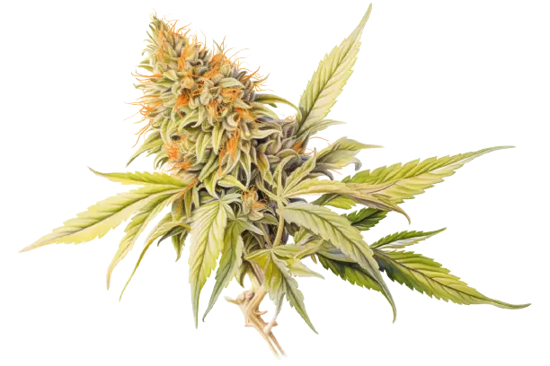 Farbige Cannabisblüte und grüne Cannabisblätter Eine Cannabis-Pflanze mit farbigen Blüten