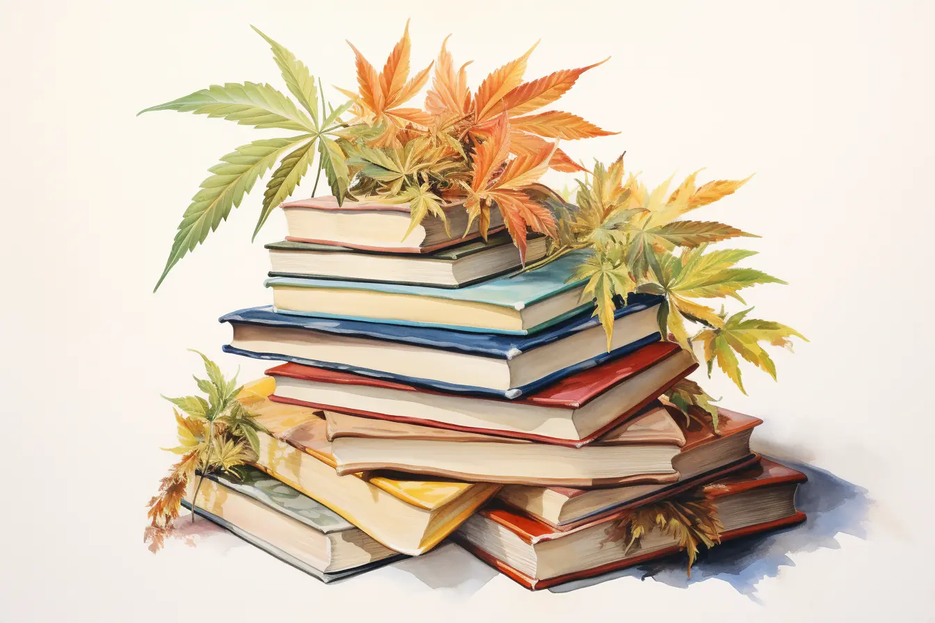 Cannabisblätter und Bücher in Pastelltönen Aufeinander liegende Bücher sind mit Blättern von Cannabis geschmückt.