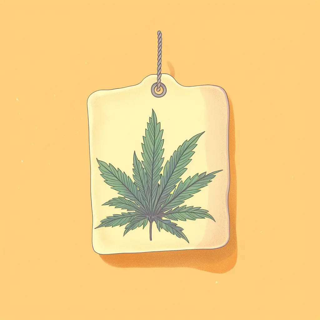 Ein Preisschild neben einem Cannabisblatt in Pastellfarben: Eine kreative Methode, um Aufmerksamkeit zu erregen Cannabis-Social-Clubs: Ein Marihuanablatt mit Preislabel als Einladung in Wolfsburg
